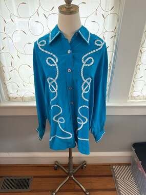 VINTAGE Diane Von Furstenberg Aqua Silk Blouse with Rope Embroidery size L